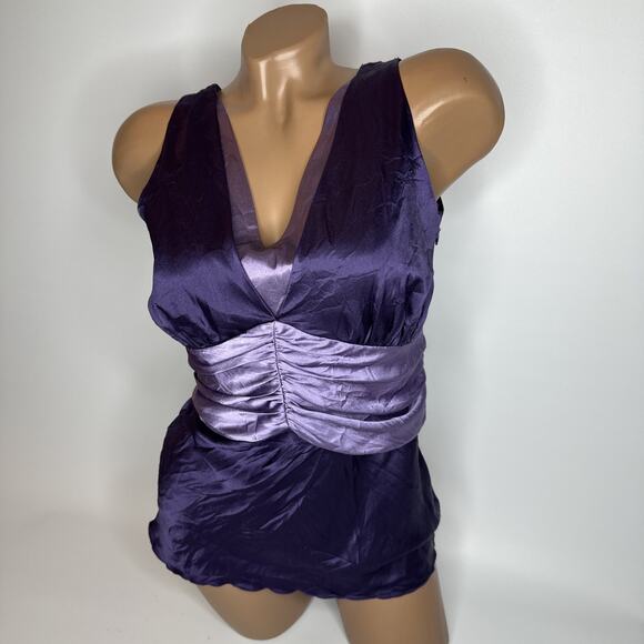 Purple Silk Look Ruched Waist Tank Top Plunge V Neck Satin Style Y2K Party Sz S - Picture 11 of 11